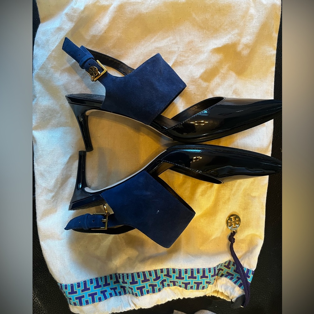 Tory Burch S/N 42958 Ashton Slingback Navy Blue Leather Pump Women’s Size 5.5